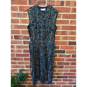 Vintage Kay Windsor Blue Tribal Print Button Front Midi Dress